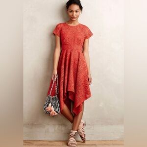 Anthropologie Maeve asymmetric handkerchief hem red lace dress size 4